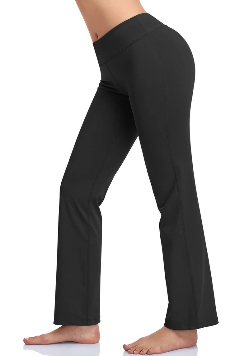 HISKYWIN Inner Pocket Yoga Pants 4 Way Stretch Tummy Control Workout Running Pants, Long Bootleg Flare Pants HF2-Black-S - Image 1